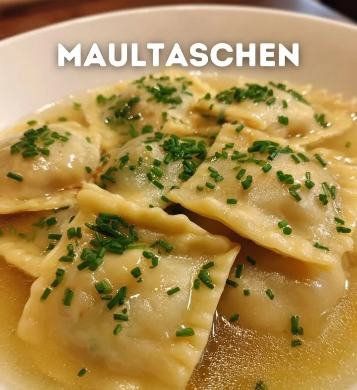 Hausgemachte Maultaschen, gefüllt mit Fleisch und Gemüse, auf einem Teller serviert