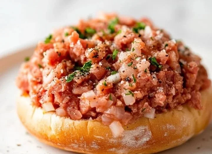 Frisches Mettbrötchen mit Zwiebeln und Gewürzen, ideal zum Verzehr