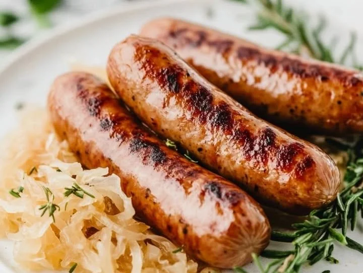 Nürnberger Rostbratwurst auf dem Grill, serviert mit Senf und Brötchen