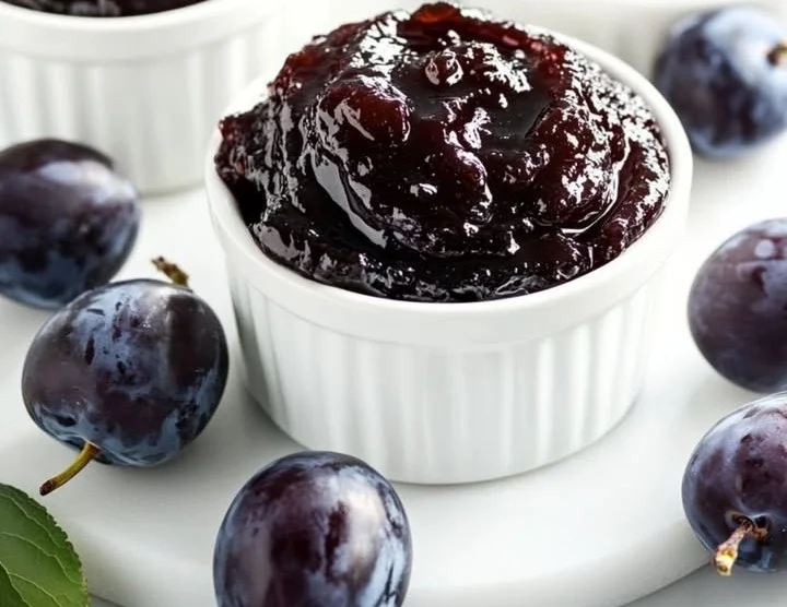 Glas mit hausgemachtem Pflaumenmus, perfekt für Frühstück und Desserts