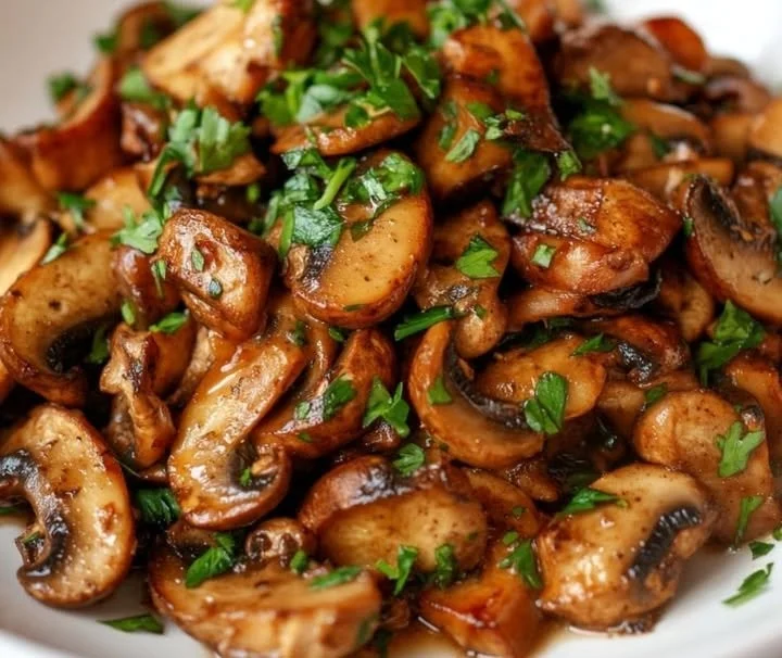 Leckere Pilzpfanne mit frischen Zutaten auf einem Tisch serviert.