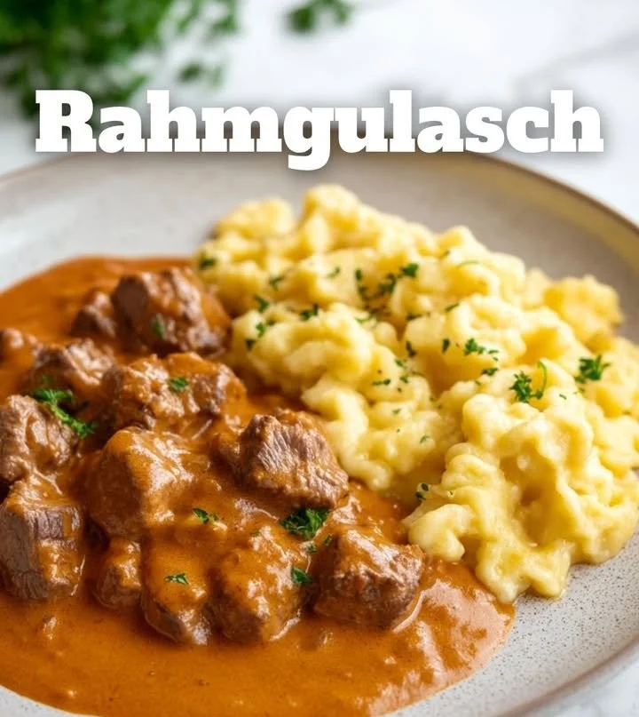 Leckeres Rahmgulasch serviert in einer Schüssel auf einem Holztisch.