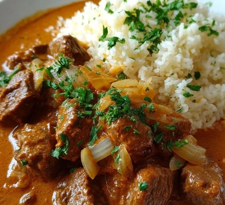 Rahmgulasch in cremiger Sauce serviert mit frischem Gemüse