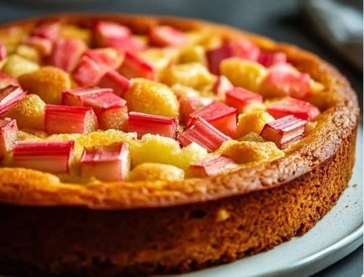Ein Stück Rhabarberkuchen auf einem Teller, garniert mit Sahne.