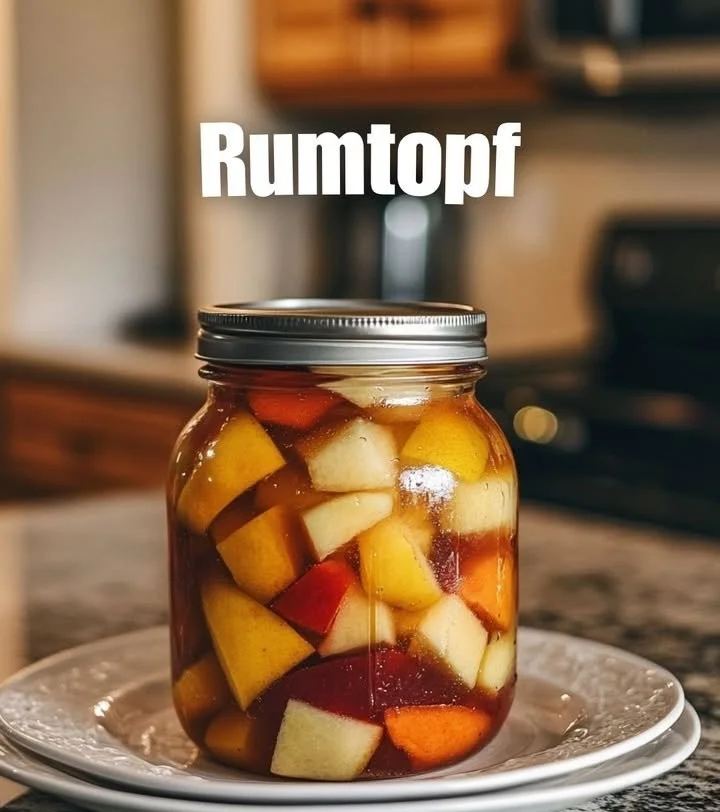 Traditioneller Rumtopf mit frischen Früchten und Rum zur Feierzeit