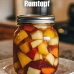 Selbstgemachter Rumtopf mit bunten Früchten in einem Glasgefäß