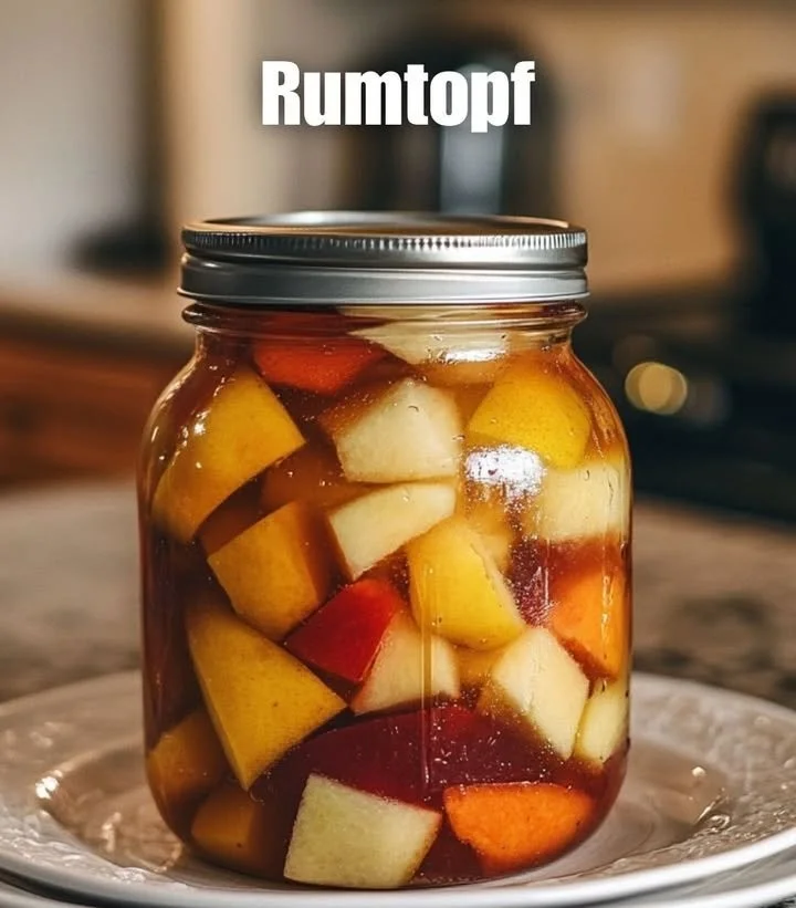 Selbstgemachter Rumtopf mit bunten Früchten in einem Glasgefäß