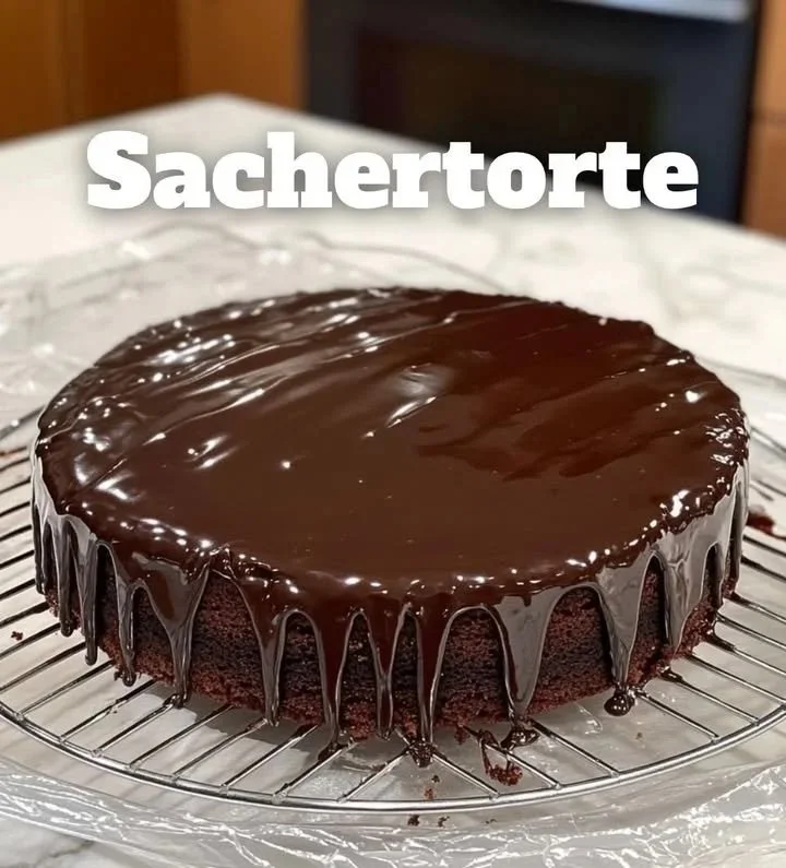 Sachertorte: traditionelle österreichische Schokoladentorte mit Aprikosenmarmelade und Sahne.
