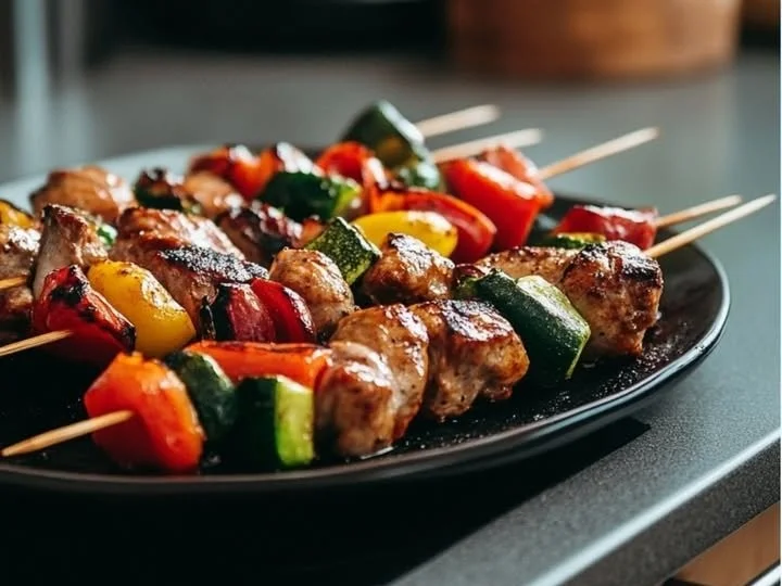 Leckeres Schaschlik auf dem Grill mit saftigen Spießen.