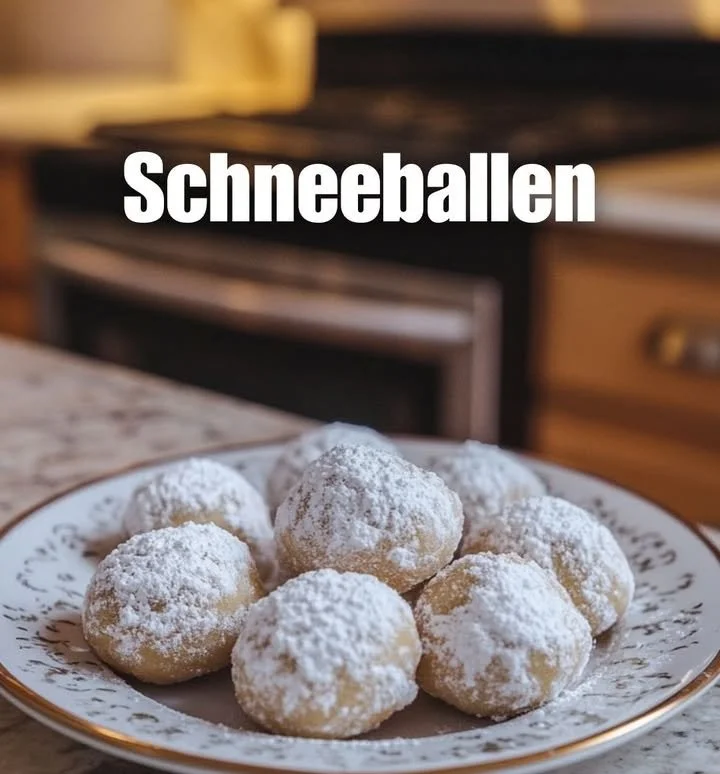 Frische Schneeballen, ein traditionelles deutsches Gebäck aus Teig und Puderzucker.
