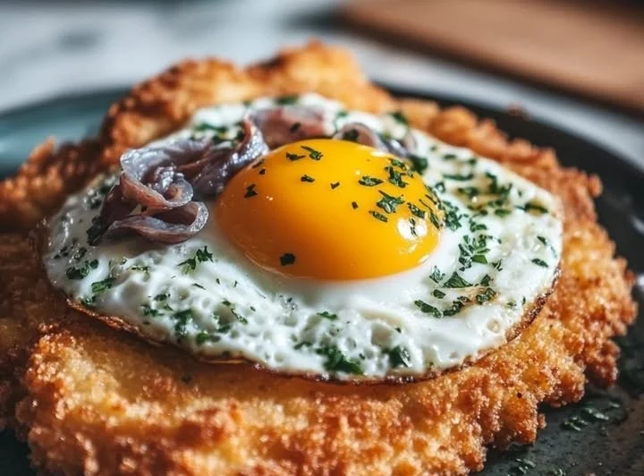 Schnitzel Holstein mit Spiegelei und Kapern auf einem Teller serviert.