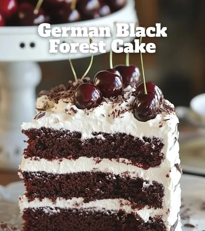 Schwarzwälder Kirschtorte mit Kirschen und Sahne dekoriert