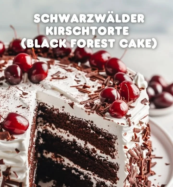 Schwarzwälder Kirschtorte mit Kirschen und Schlagsahne auf einer eleganten Präsentationstorte