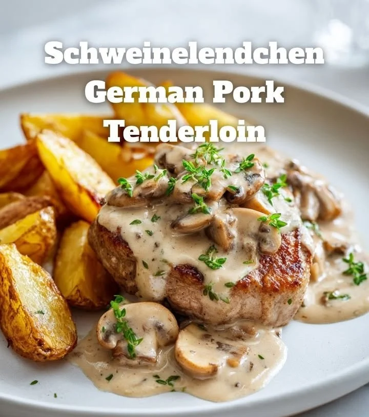 Schweinelendchen mit Pilzsauce auf einem Teller serviert