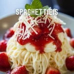 Spaghettieis mit Sahne, Erdbeersoße und Schokoladenspänen auf einem Teller
