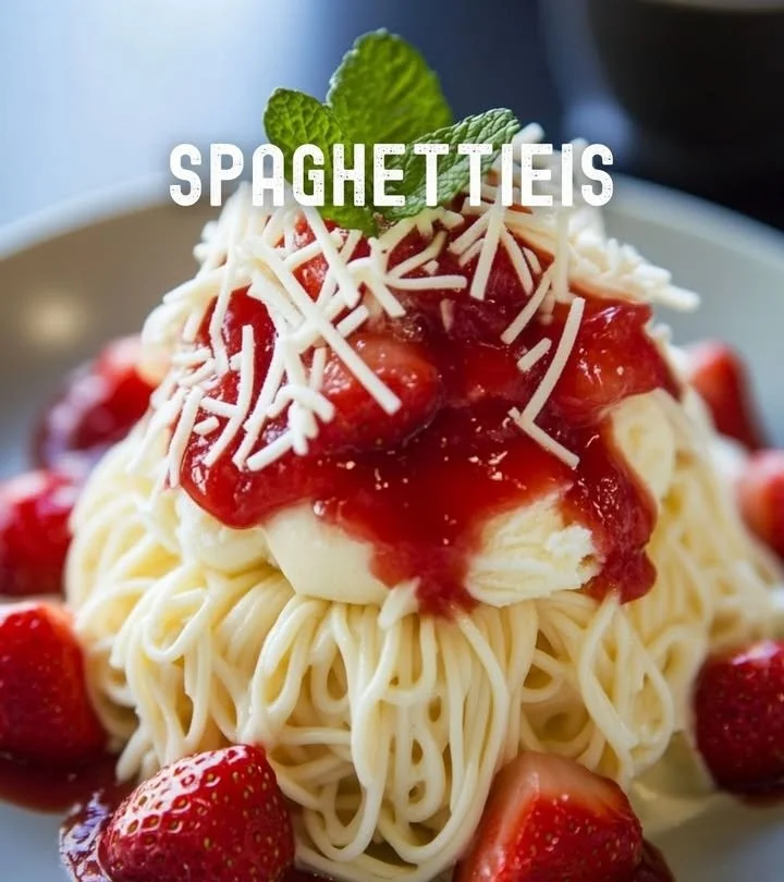 Spaghettieis mit Sahne, Erdbeersoße und Schokoladenspänen auf einem Teller