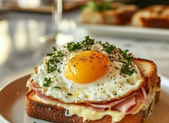 Strammer Max - traditionelle deutsche Speise mit Brot, Schinken und Spiegelei