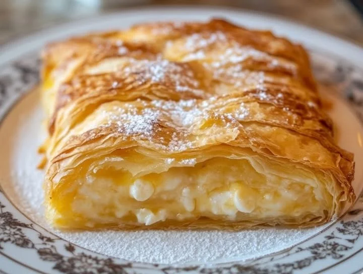 Ein frisch gebackener Topfenstrudel mit Quarkfüllung auf einem Teller.