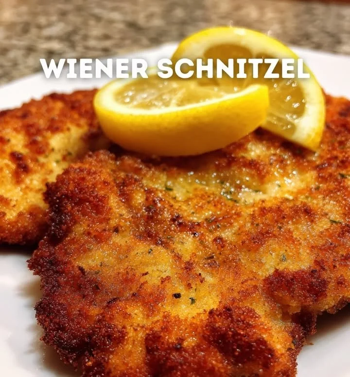 Leckeres Wiener Schnitzel, goldbraun paniert und serviert mit Zitrone und Beilagen.