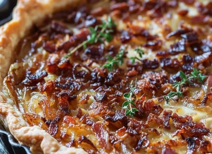 Ein köstliches Stück Zwiebelkuchen auf einem Teller, garniert mit frischen Kräutern.