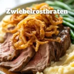 Zwiebelrostbraten mit goldbraunem Zwiebelbelag auf einem Teller serviert