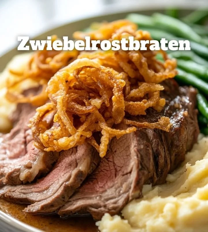 Zwiebelrostbraten mit goldbraunem Zwiebelbelag auf einem Teller serviert
