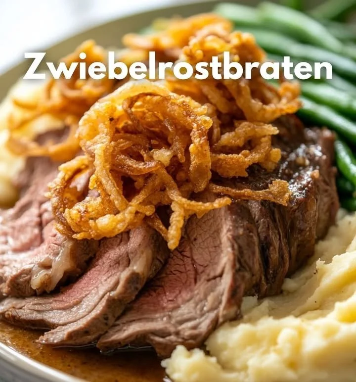 Zwiebelrostbraten mit karamellisierten Zwiebeln auf einem Teller serviert.