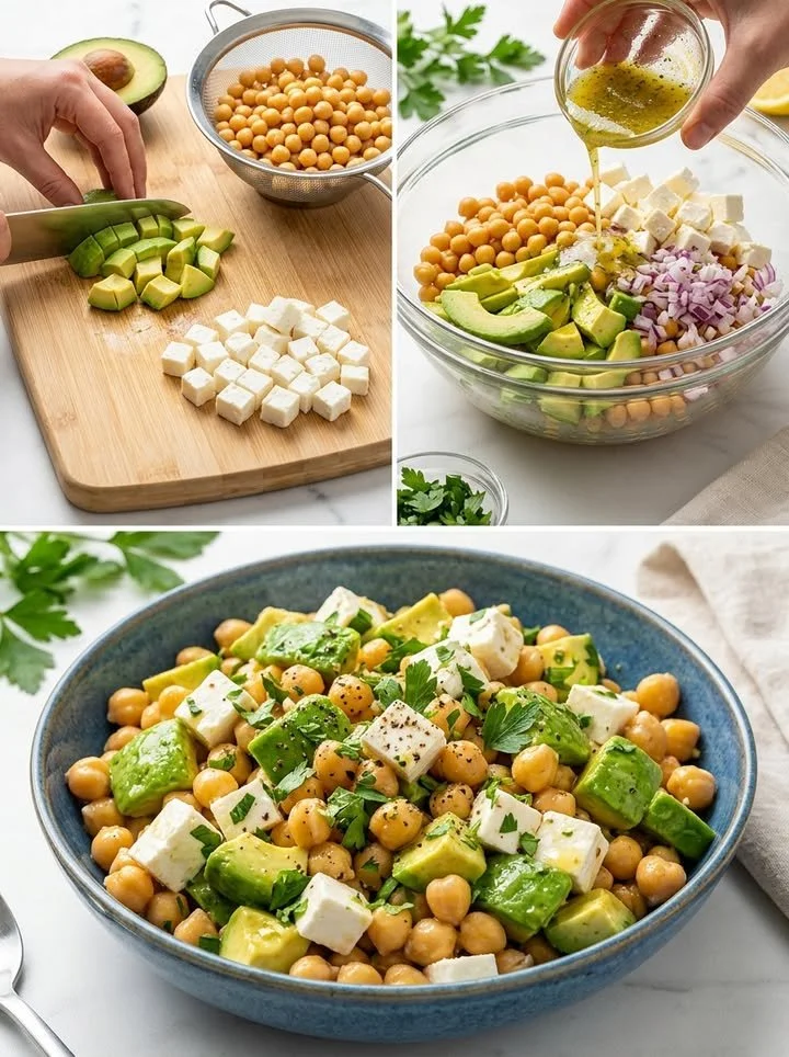 Knackiger Kichererbsen-Feta-Avocado-Salat auf einem Teller angerichtet