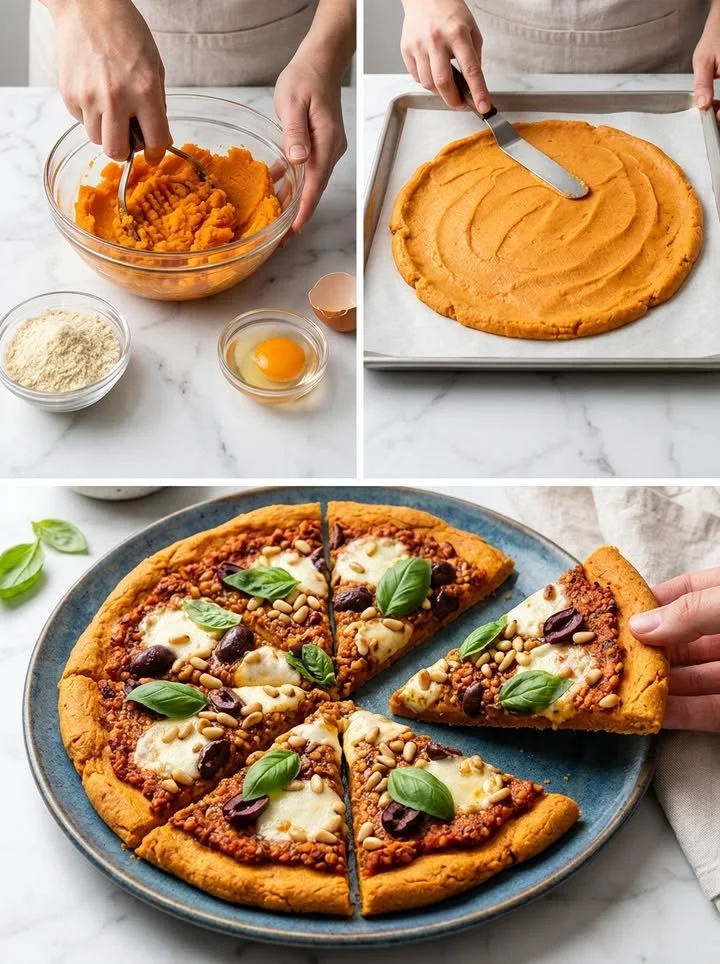 3-Zutaten Süßkartoffel Pizza, einfaches Rezept für gesunden Pizzagenuss