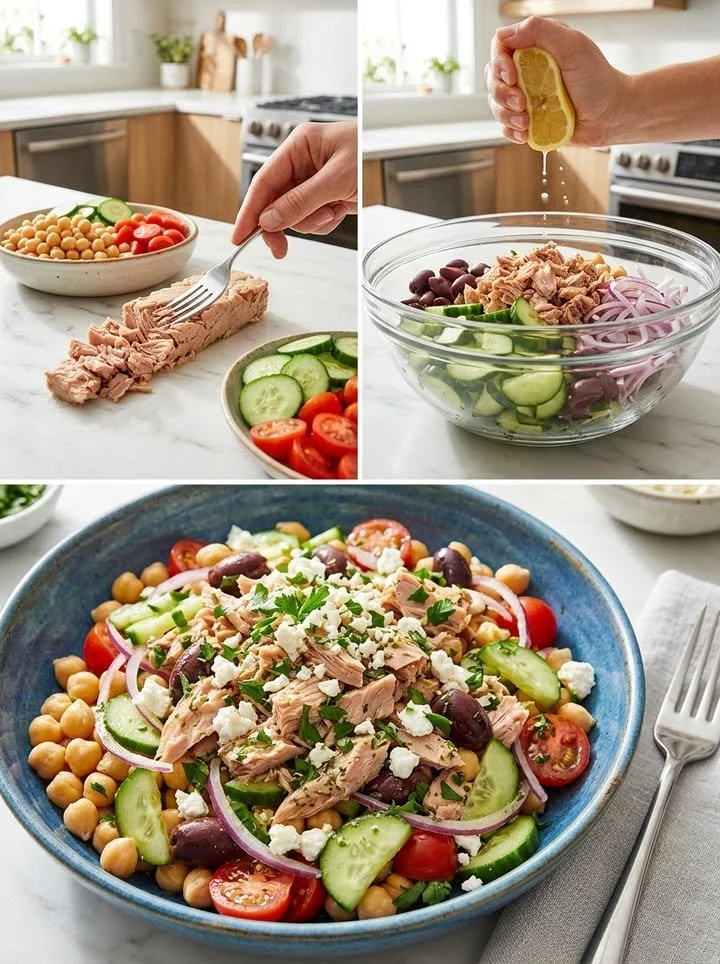 Mediterrane Thunfisch-Salat-Bowl in einer Schüssel, schnell und gesund zubereitet.