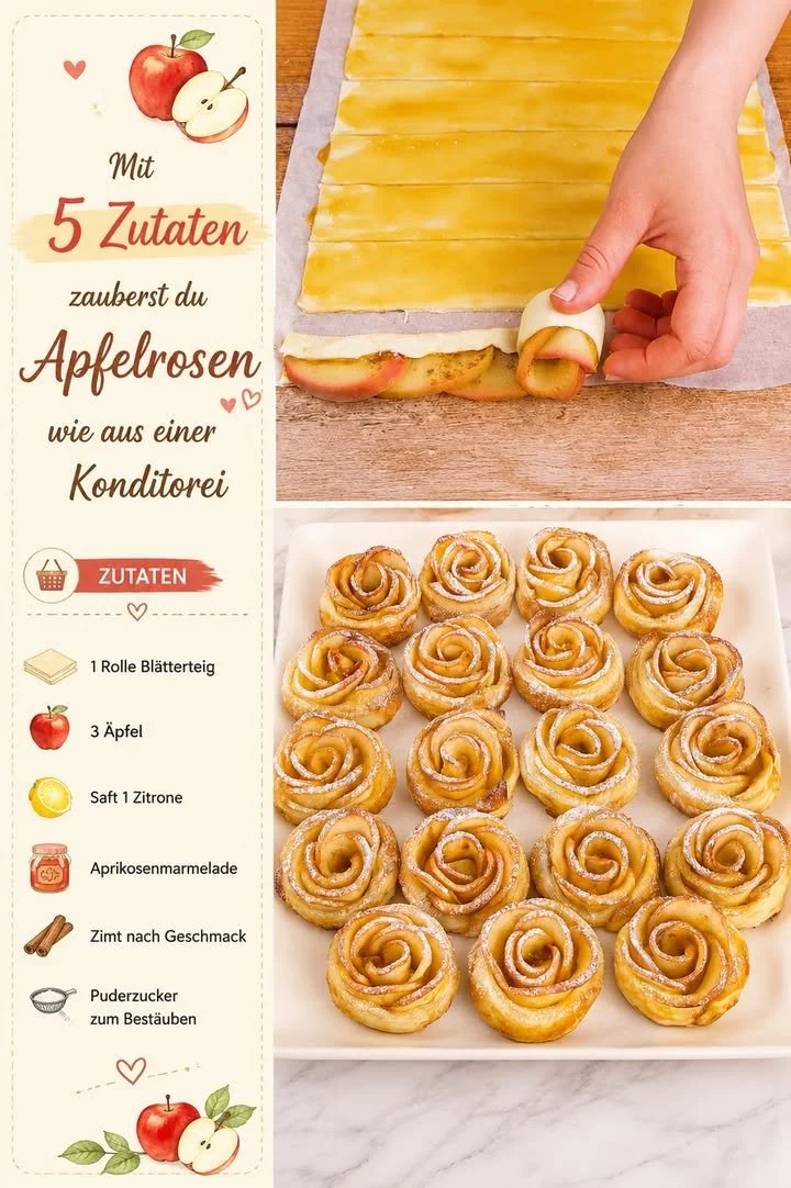 Ein schönes Arrangement von frisch gebackenen Apfelrosen als Dessert