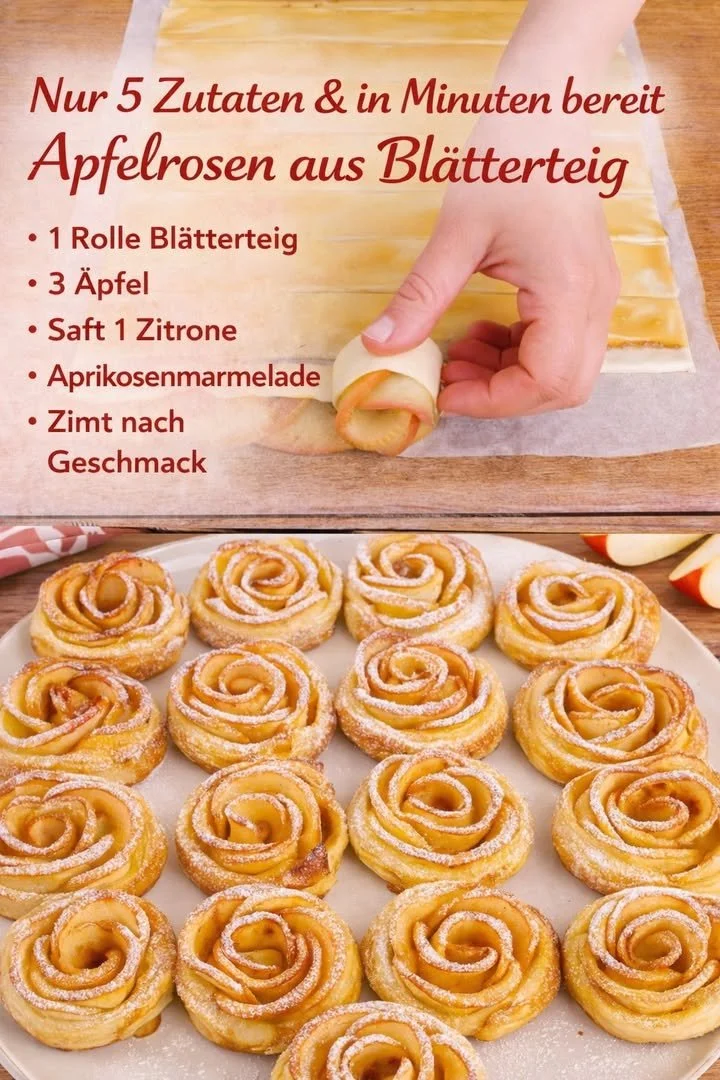 Apfelrosen aus Blätterteig, wunderschön angerichtet auf einem Teller