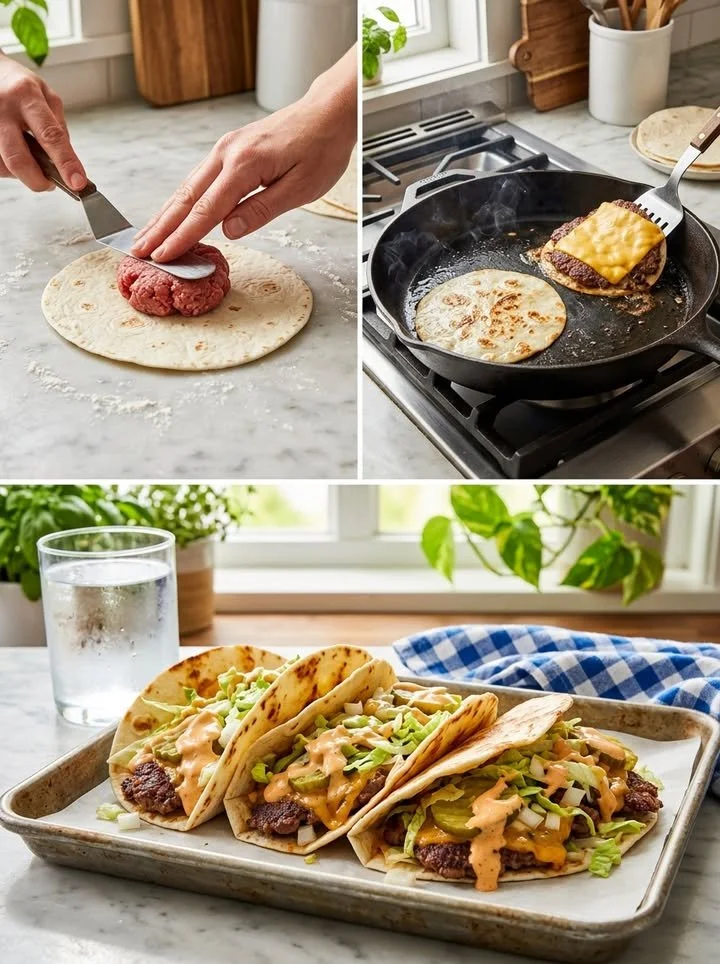 Big Mac Tacos auf einem Teller, belegt mit Käsescheiben und frischem Salat