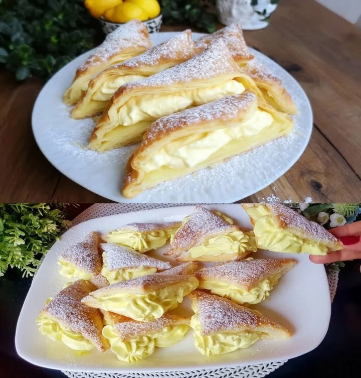 Blätterteig-Mascarpone-Taschen auf einem Teller, frisch gebacken und dekoriert.