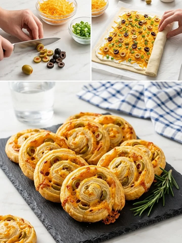 Leckere Blätterteigschnecken mit Cheddar, Oliven und Frühlingszwiebeln auf einem Teller
