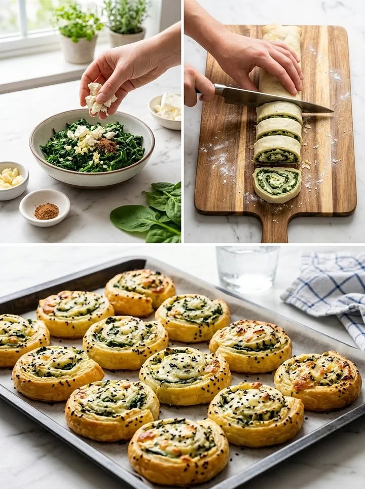Blätterteigschnecken mit Spinat und Feta auf einem Teller angerichtet