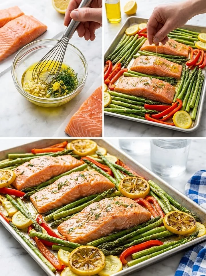 Blech-Lachs mit Zitrone und buntem Gemüse auf einem Backblech zubereitet.