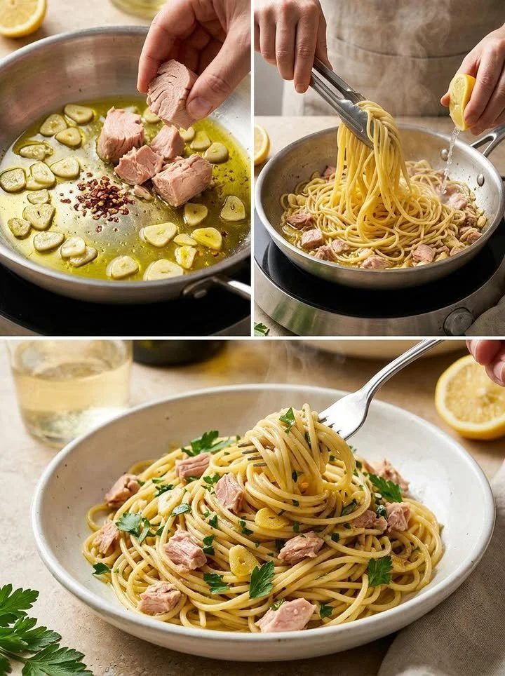 Blitz-Thunfisch-Spaghetti mit frischen Zutaten und würziger Soße