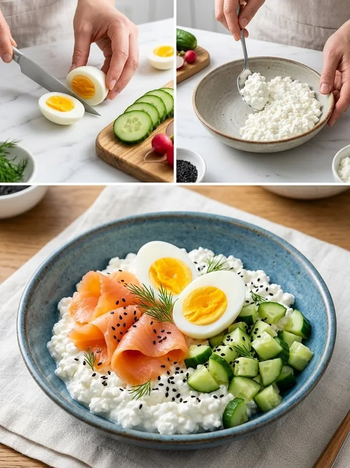 Blitzschnelle Hüttenkäse-Bowl mit Lachs, Ei und frischem Gemüse