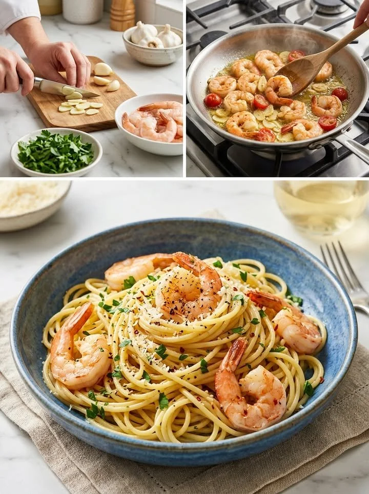 Blitzschnelle Knoblauch-Garnelen-Spaghetti mit frischem Knoblauch und Garnelen