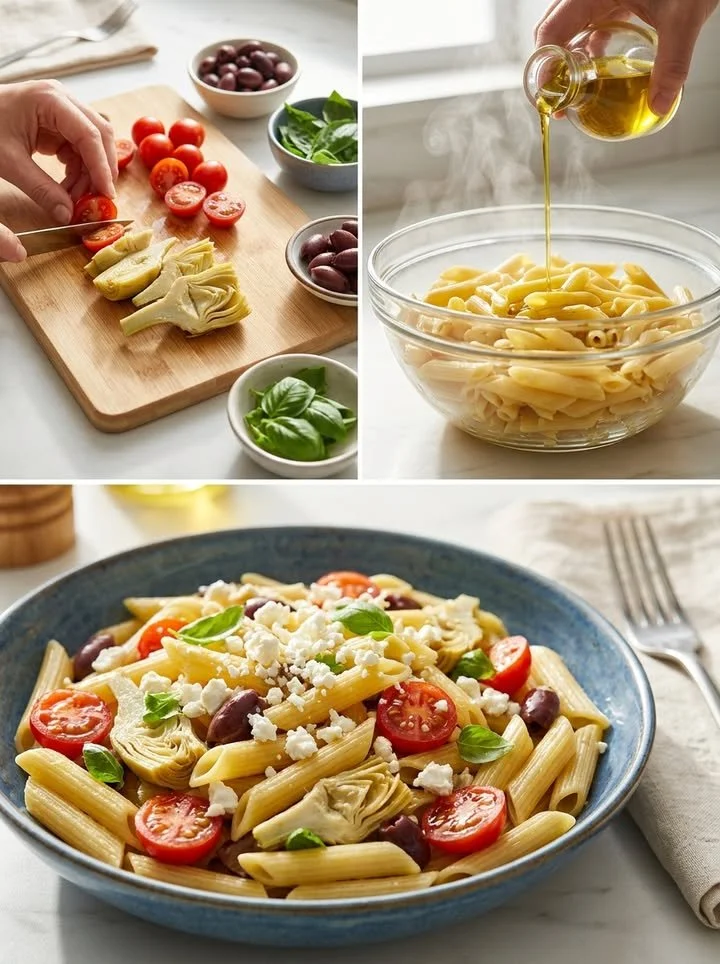 Blitzschnelle mediterrane Pasta mit Olivenöl, Feta und Artischocken auf einem Teller.