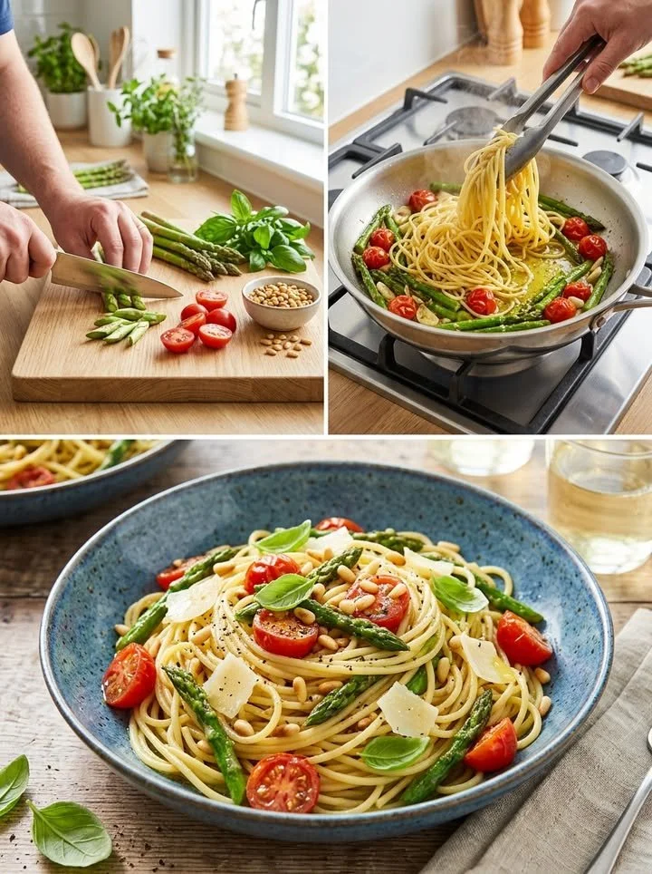 Grüne Spargel-Pasta mit geschmolzenen Tomaten und knusprigen Pinienkernen