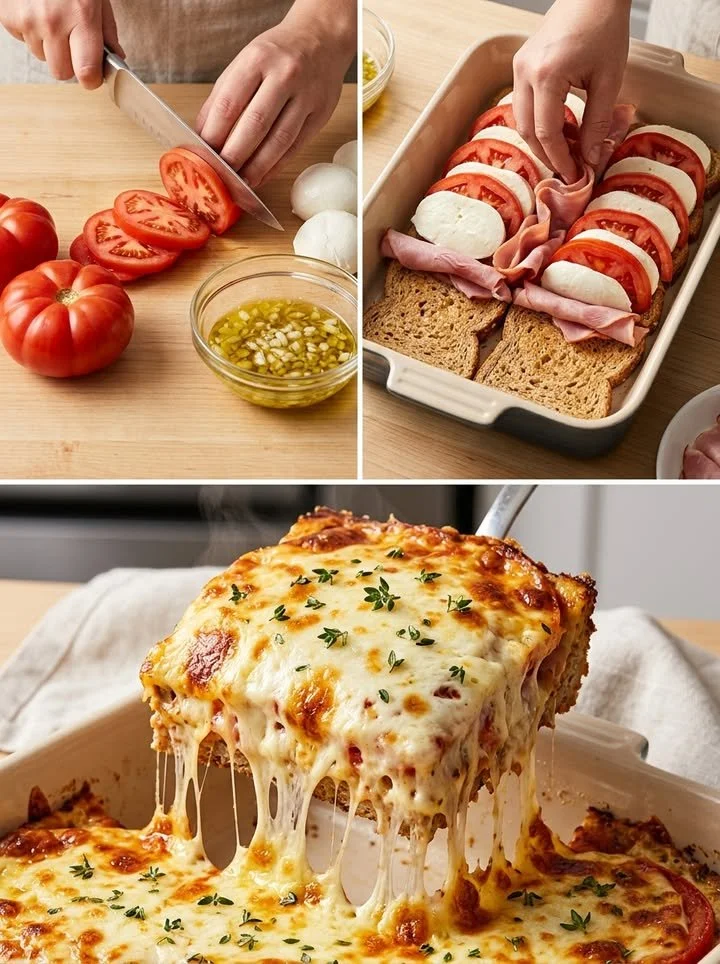 Saftiger Toast-Mozzarella-Auflauf mit Knoblauch-Kräuter-Öl aus dem Ofen