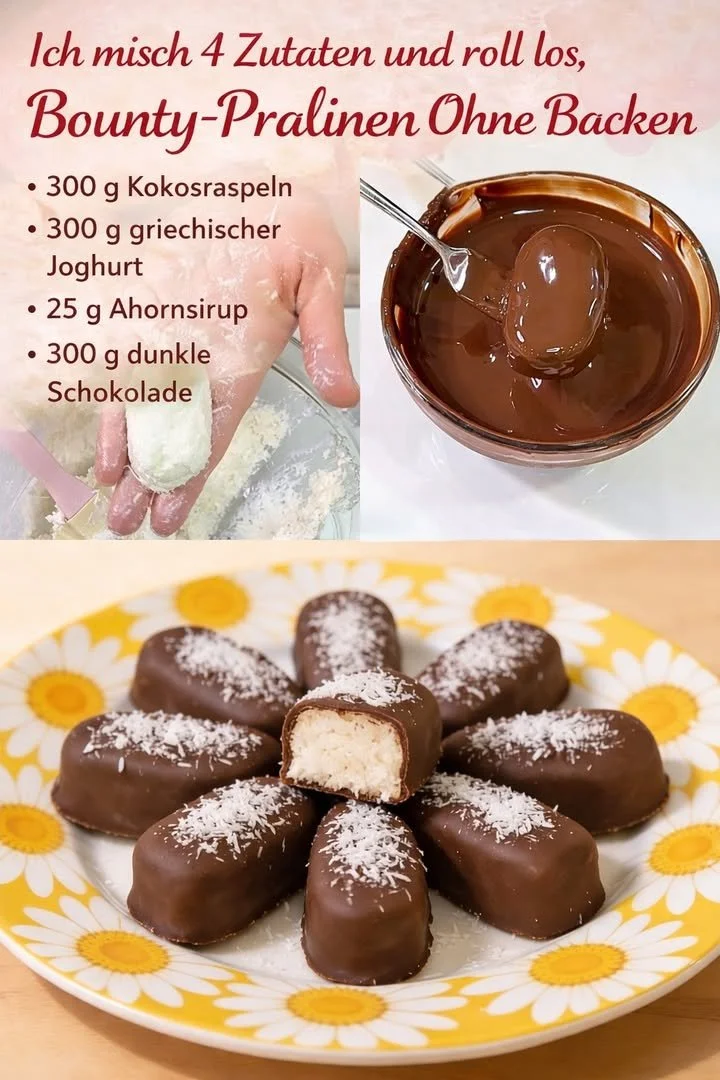 Bounty-Pralinen ohne Backen auf einem Teller serviert