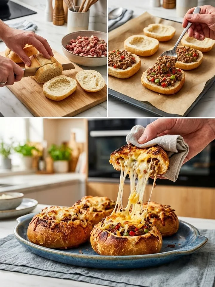 Überbackene Hackfleischbrötchen frisch aus dem Ofen