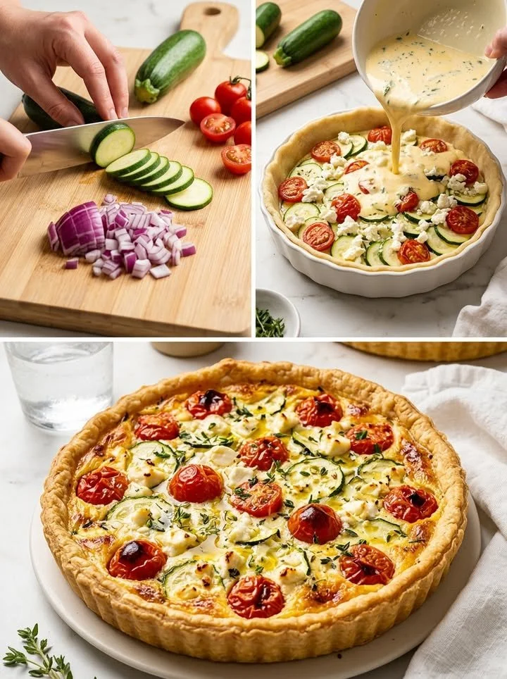 Bunte Zucchini-Feta-Tarte mit frischem Gemüse und Feta-Käse