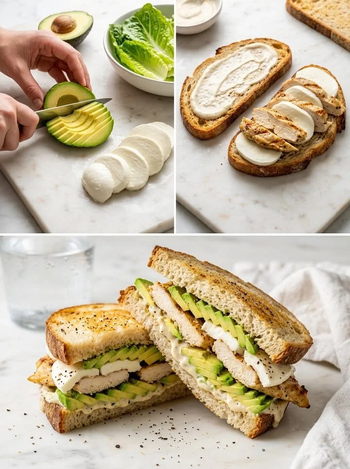 Caesar-Hühnchen-Sandwich mit Avocado und Mozzarella auf einem Teller