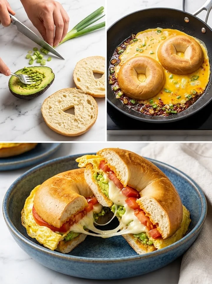 Chili-Öl-Bagel-Omelett mit frischen Zutaten auf einem Teller