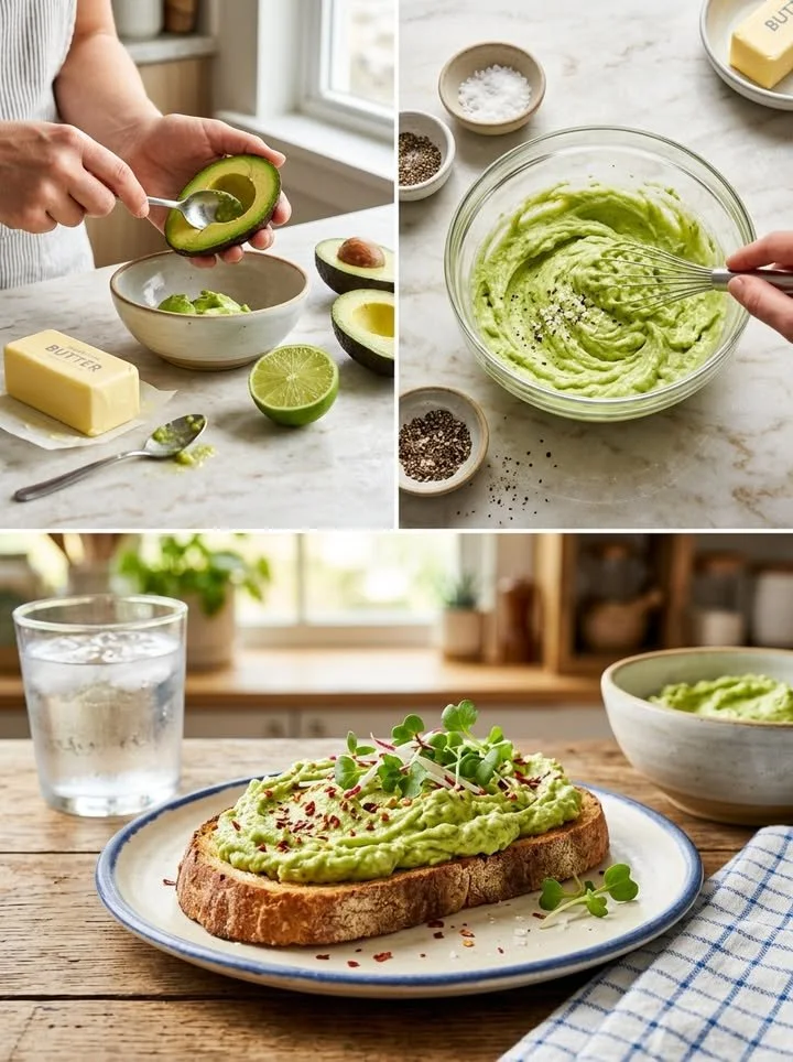 Cremige Avocado-Butter in einer Schüssel mit frischen Avocados und Kräutern.