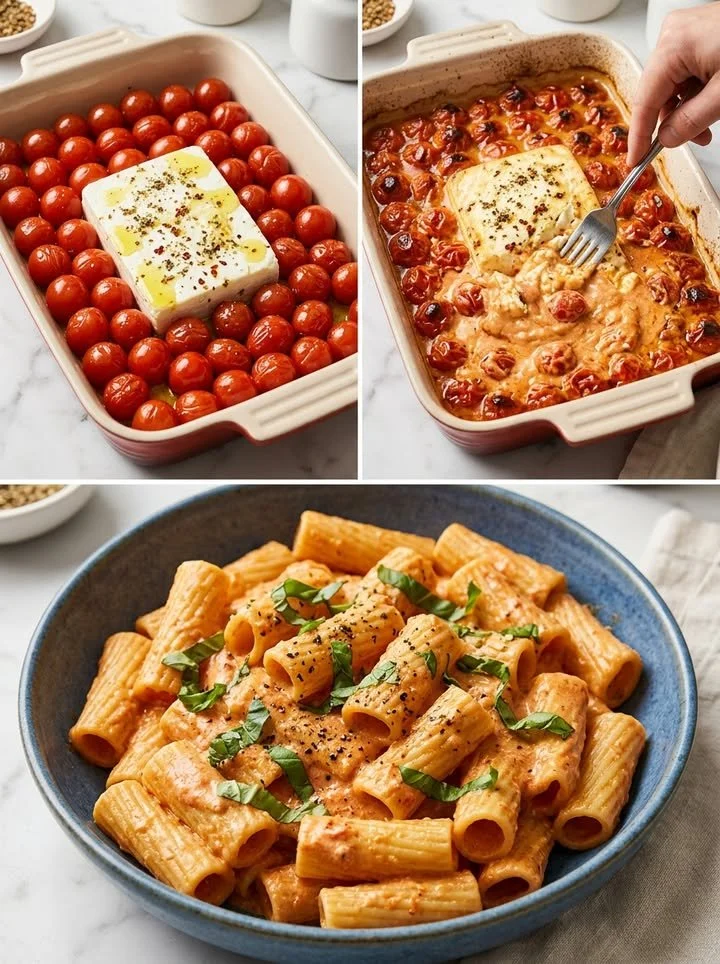 Köstliche cremige Baked Tomaten-Feta-Pasta in einer Auflaufform.